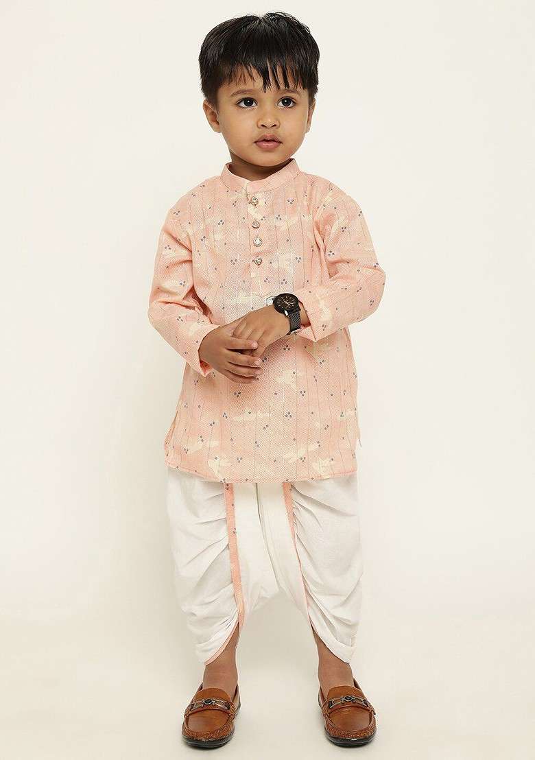 Peach Printed Blended Kurta Dhoti Set For Boys - Indya