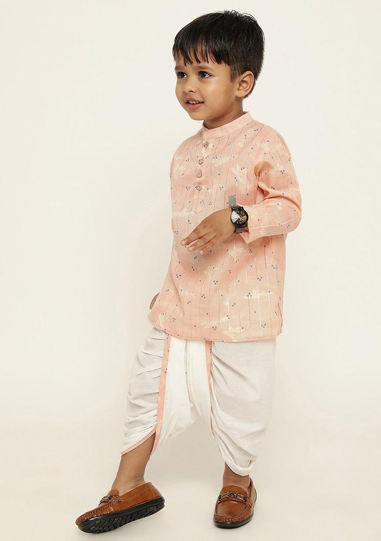 Peach Printed Blended Kurta Dhoti Set For Boys - Indya