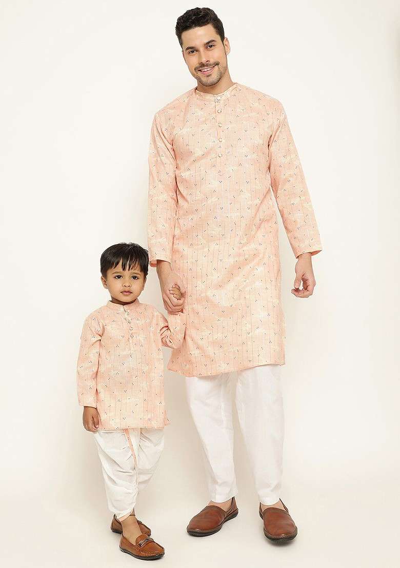 Peach Printed Blended Kurta Dhoti Set For Boys - Indya