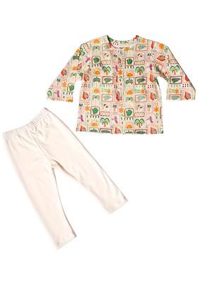 Off White Printed Cotton Kurta Set For Boys