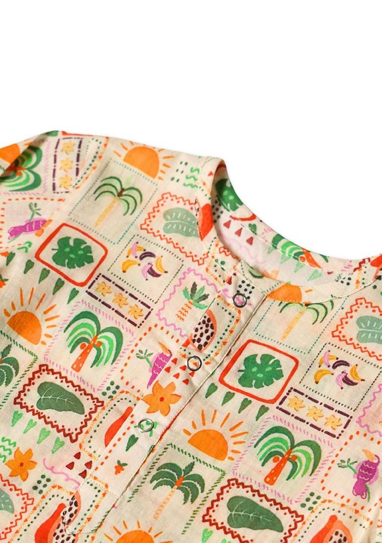 Off White Printed Cotton Kurta Set For Boys - Indya