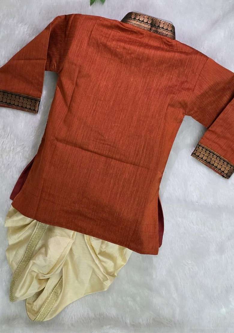 Orange Embroidered Cotton Kurta Dhoti Set For Boys - Indya