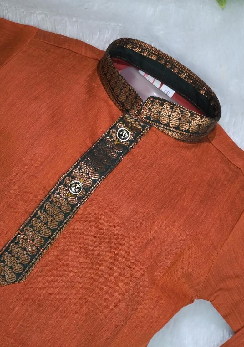 Orange Embroidered Cotton Kurta Dhoti Set For Boys - Indya