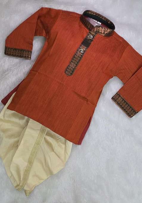 Orange Embroidered Cotton Kurta Dhoti Set For Boys