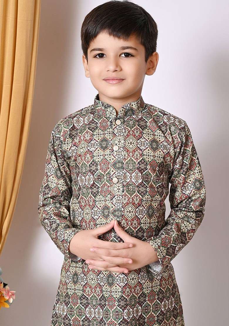 Green Embroidered Blended Kurta Dhoti Set For Boys - Indya