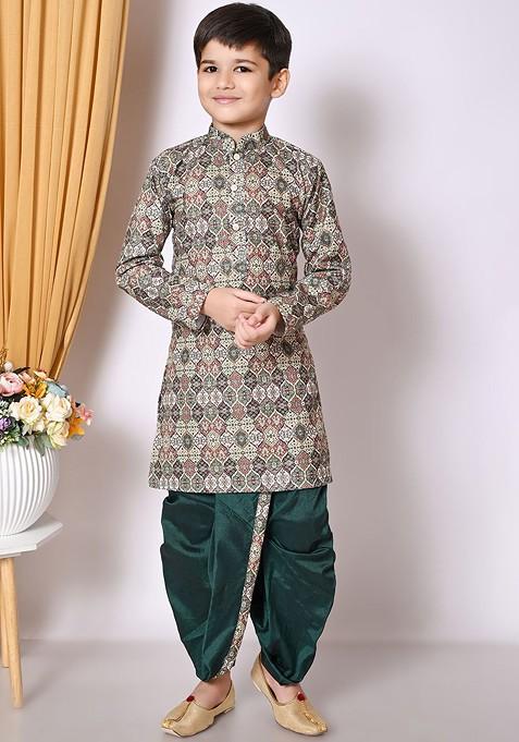 Green Embroidered Blended Kurta Dhoti Set For Boys — view on Indya