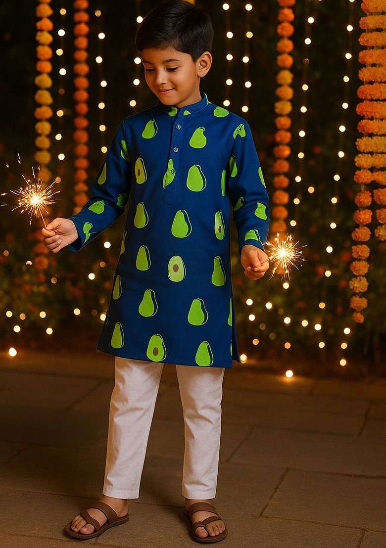 Navy Blue Printed Cotton Kurta Set For Boys - Indya