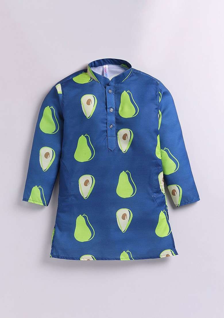 Navy Blue Printed Cotton Kurta Set For Boys - Indya