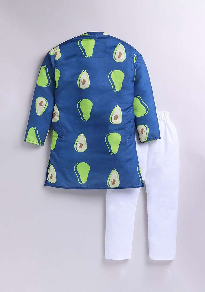 Navy Blue Printed Cotton Kurta Set For Boys - Indya