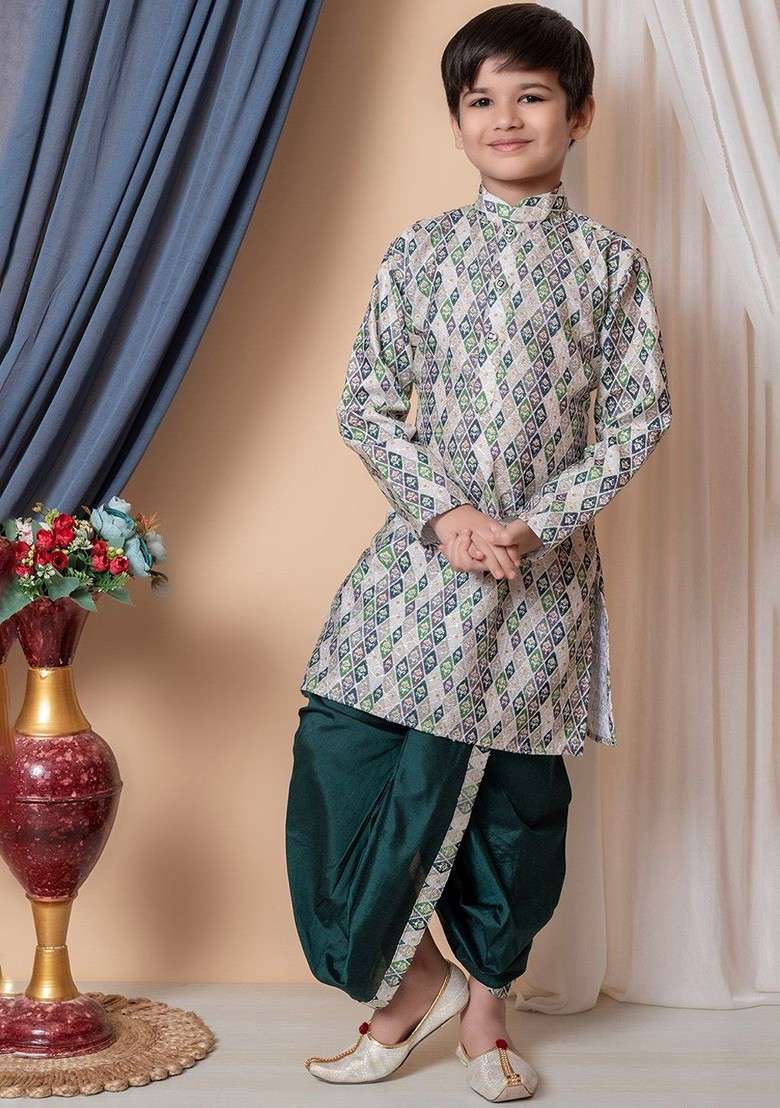 Green Printed Silk Kurta Dhoti Set For Boys - Indya