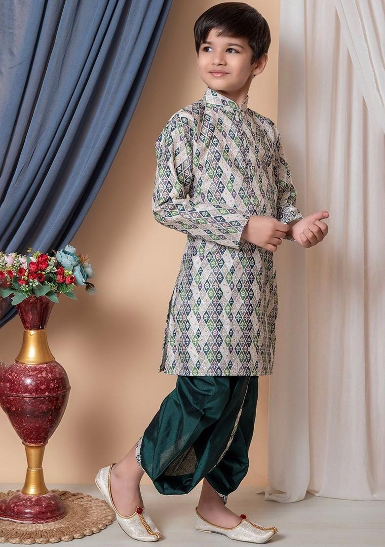 Green Printed Silk Kurta Dhoti Set For Boys - Indya