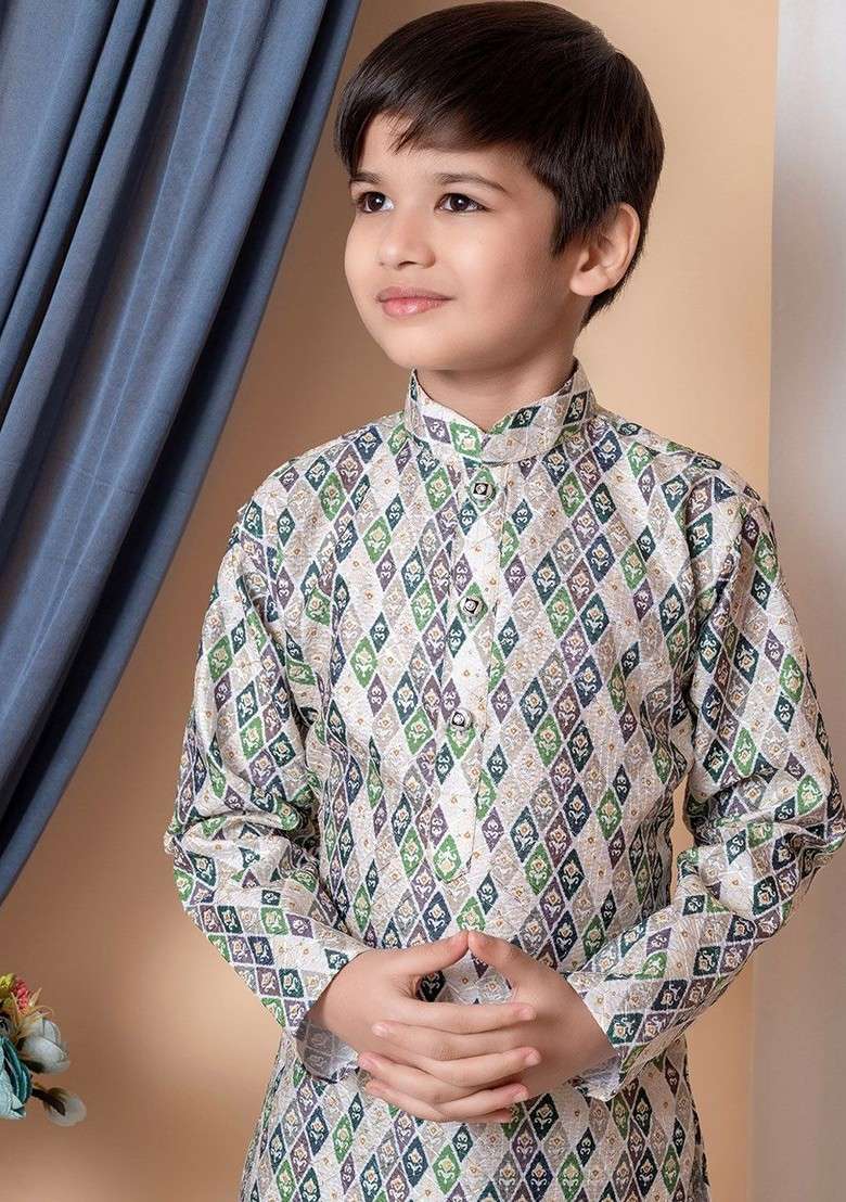 Green Printed Silk Kurta Dhoti Set For Boys - Indya