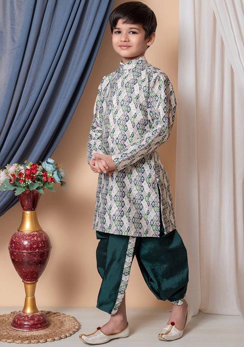 Green Printed Silk Kurta Dhoti Set For Boys - Indya