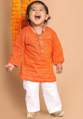 Orange Embroidered Cotton Kurta Set For Boys