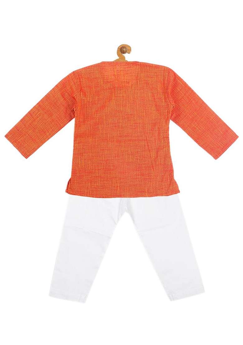Orange Embroidered Cotton Kurta Set For Boys - Indya