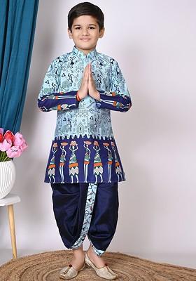Blue Printed Silk Kurta Dhoti Set For Boys