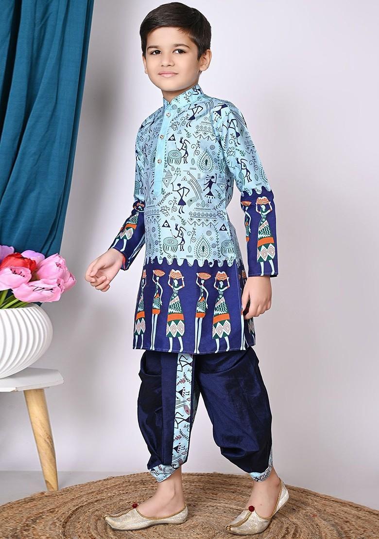 Blue Printed Silk Kurta Dhoti Set For Boys - Indya