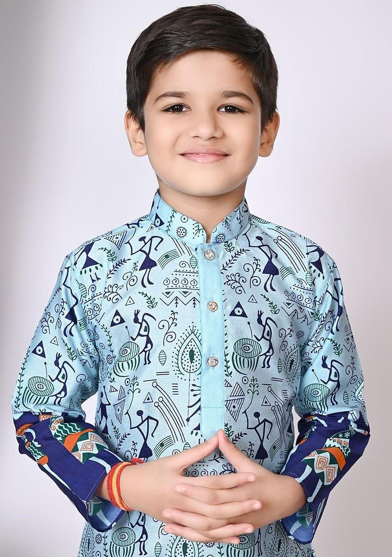 Blue Printed Silk Kurta Dhoti Set For Boys - Indya