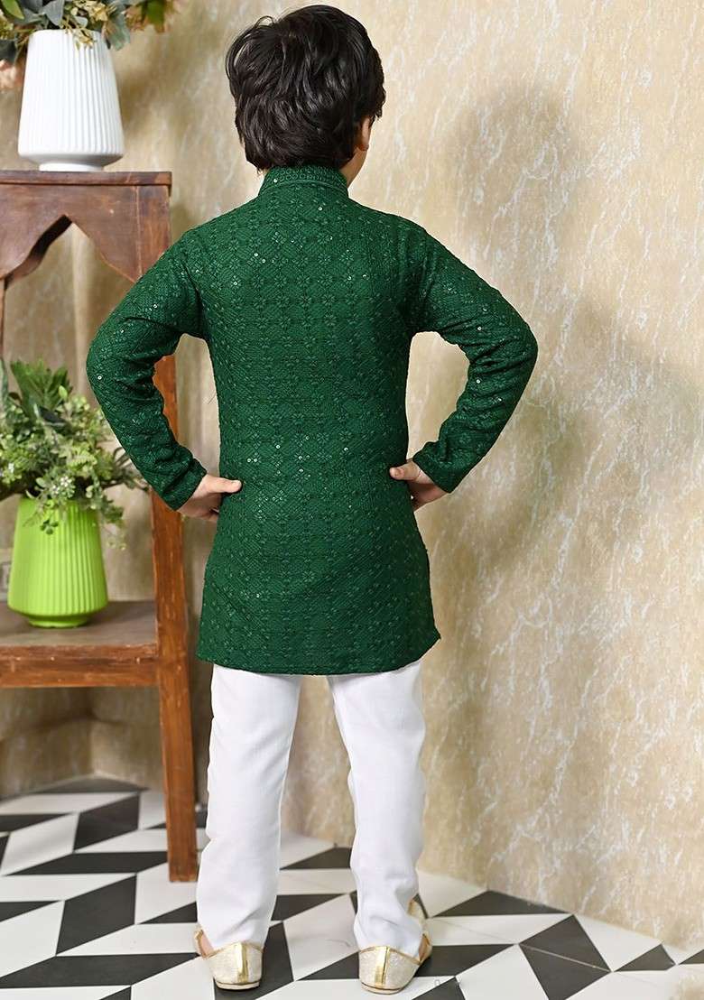 Green Embroidered Blended Kurta Set For Boys - Indya