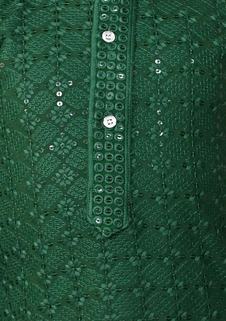Green Embroidered Blended Kurta Set For Boys - Indya