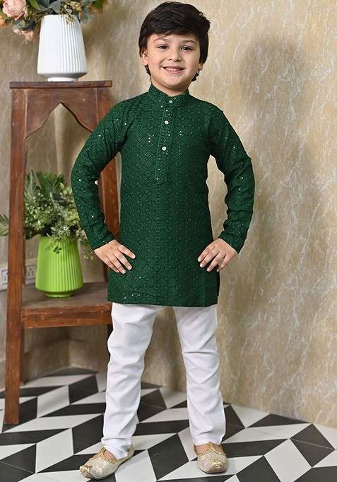 Green Embroidered Blended Kurta Set For Boys