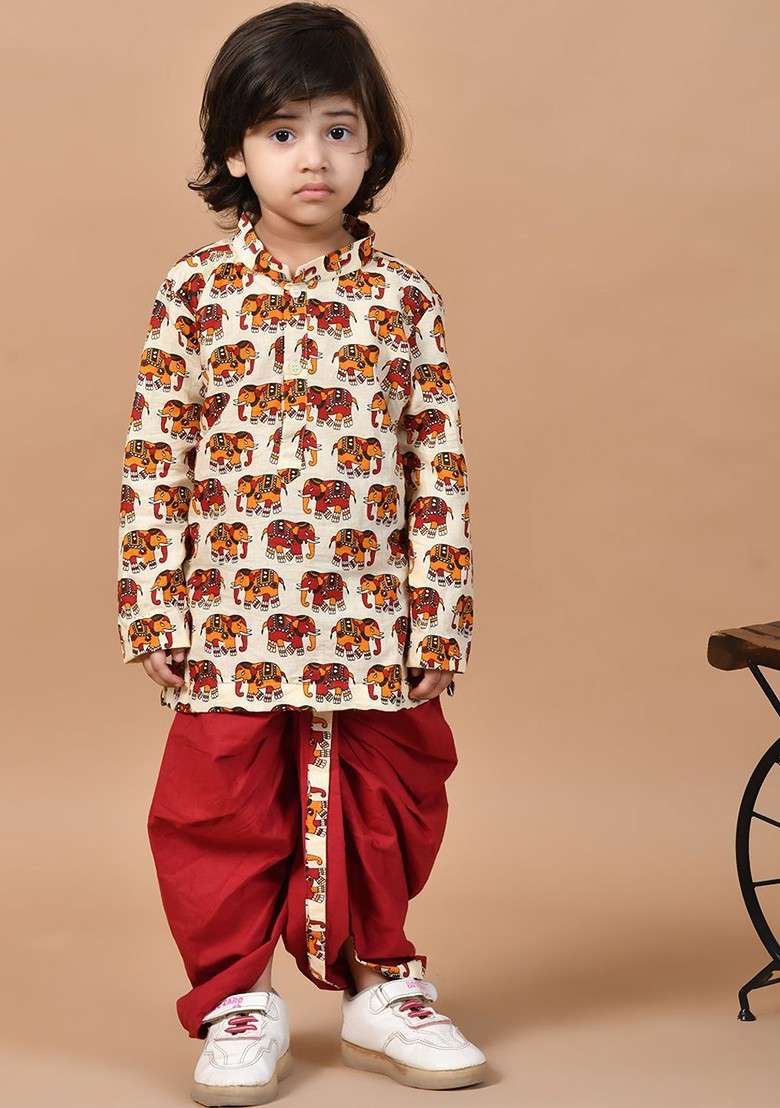 Cream Printed Cotton Kurta Dhoti Set For Boys - Indya