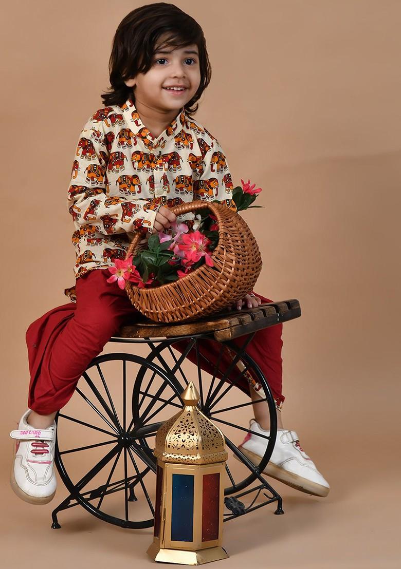 Cream Printed Cotton Kurta Dhoti Set For Boys - Indya