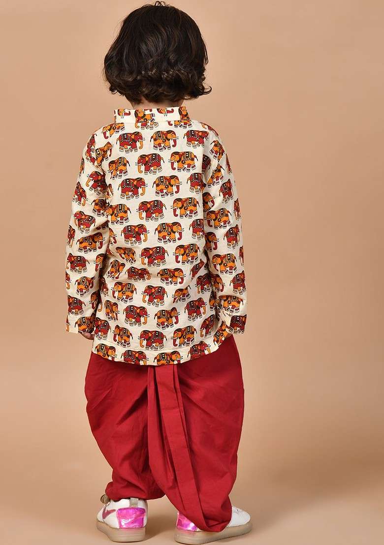Cream Printed Cotton Kurta Dhoti Set For Boys - Indya