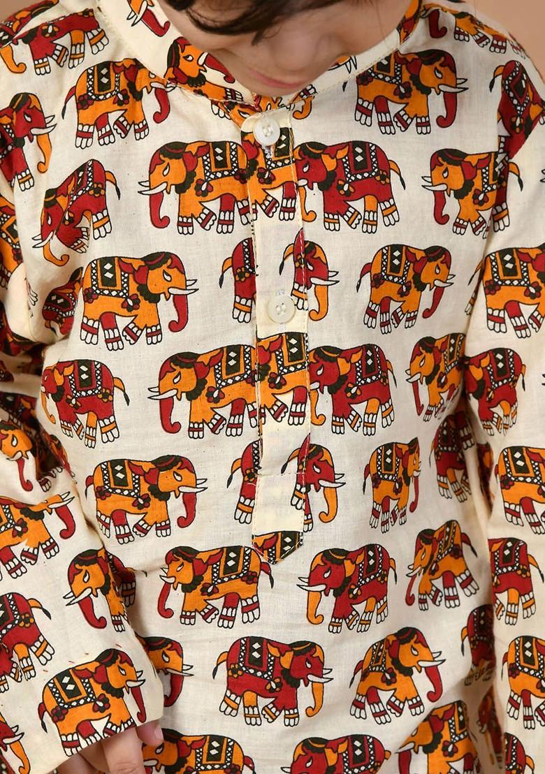 Cream Printed Cotton Kurta Dhoti Set For Boys - Indya