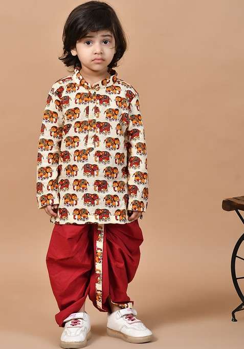 Cream Printed Cotton Kurta Dhoti Set For Boys