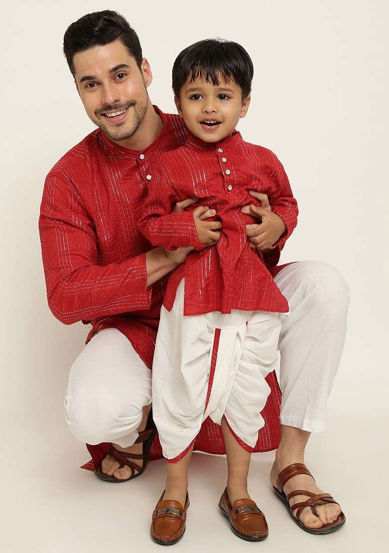 Red Striped Blended Kurta Dhoti Set For Boys - Indya