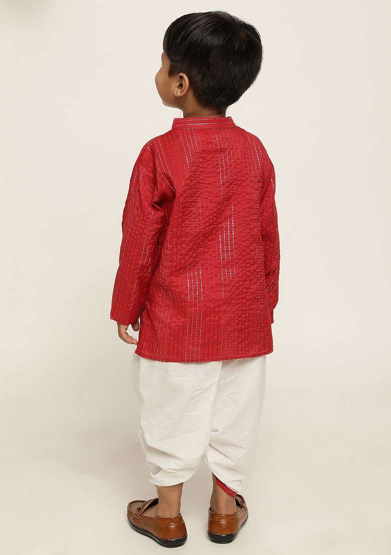 Red Striped Blended Kurta Dhoti Set For Boys - Indya