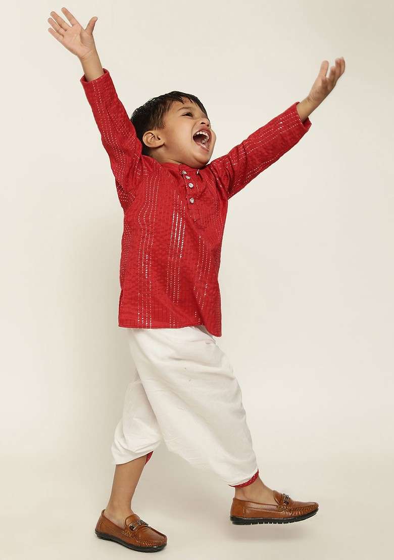 Red Striped Blended Kurta Dhoti Set For Boys - Indya