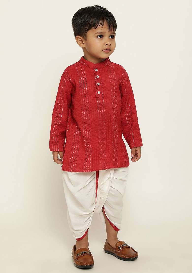 Red Striped Blended Kurta Dhoti Set For Boys - Indya