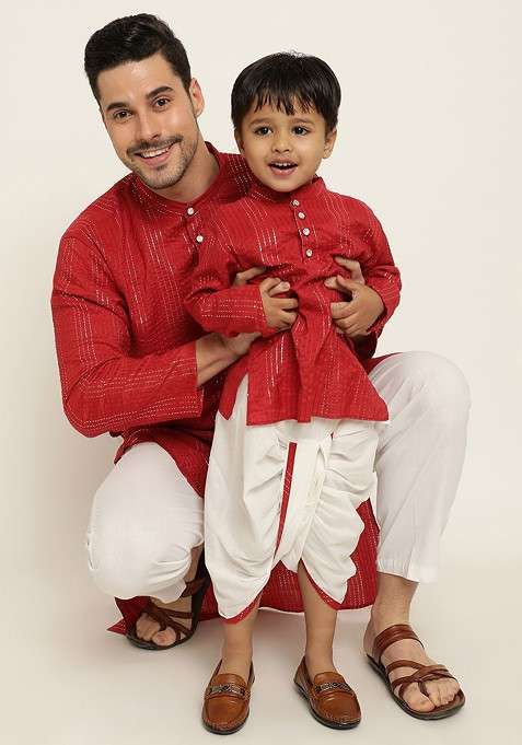 Red Striped Blended Kurta Dhoti Set For Boys