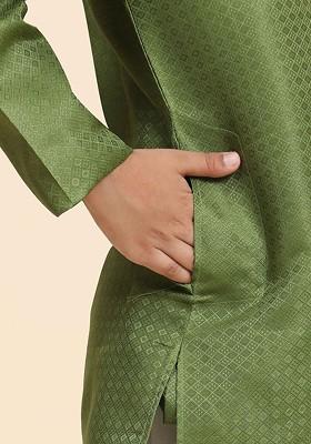 Green Woven Design Cotton Kurta Set For Boys