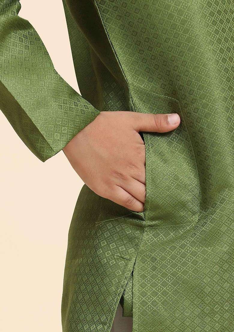 Green Woven Design Cotton Kurta Set For Boys - Indya
