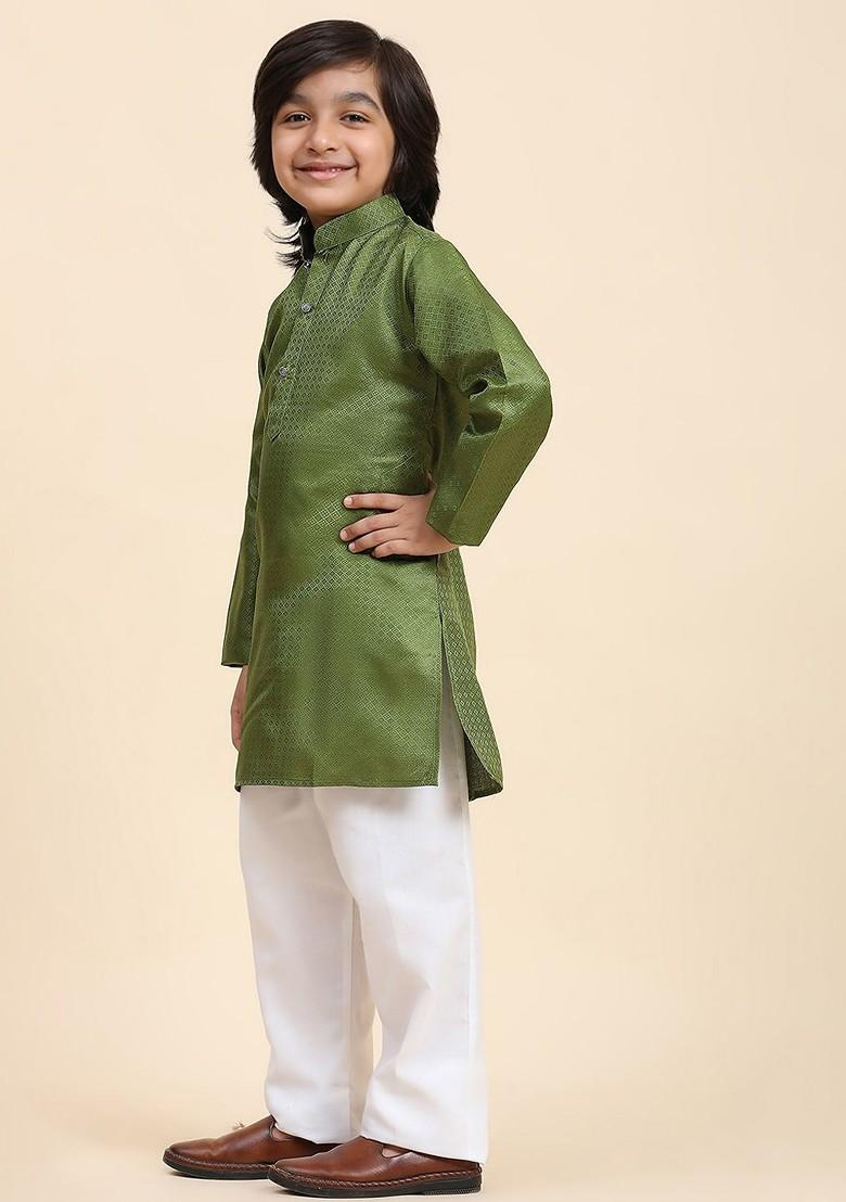 Green Woven Design Cotton Kurta Set For Boys - Indya
