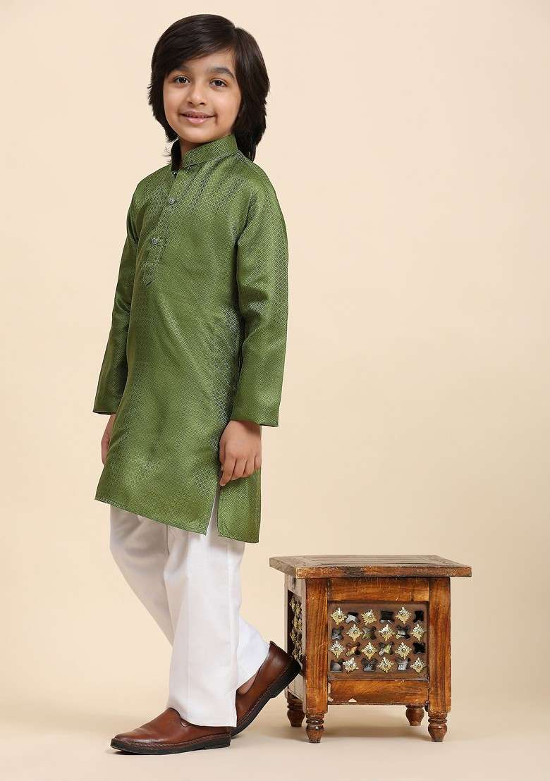 Green Woven Design Cotton Kurta Set For Boys - Indya