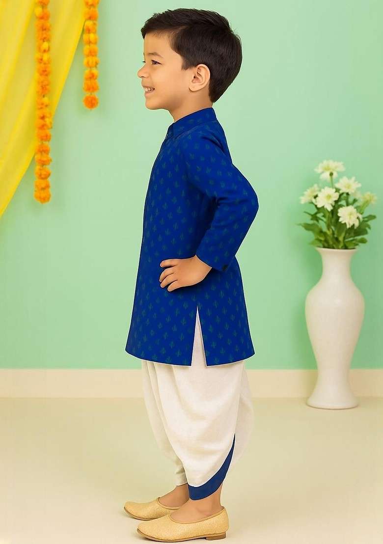 Blue Embroidered Cotton Kurta Set For Boys - Indya