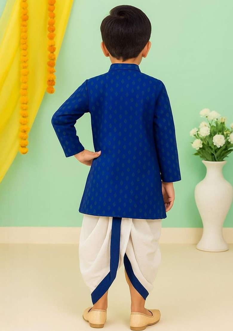 Blue Embroidered Cotton Kurta Set For Boys - Indya