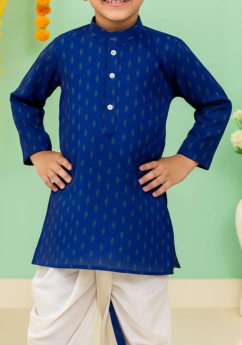 Blue Embroidered Cotton Kurta Set For Boys - Indya