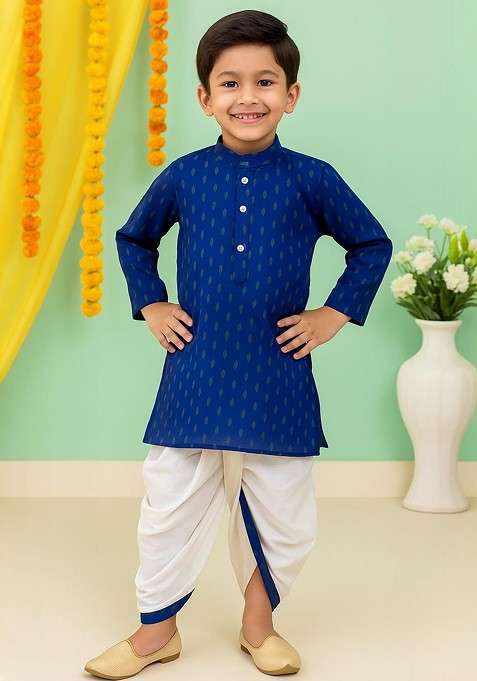Blue Embroidered Cotton Kurta Set For Boys