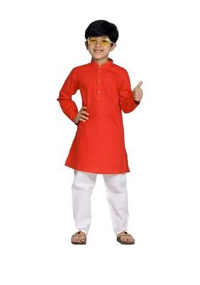 Red Embroidered Cotton Kurta Set For Boys