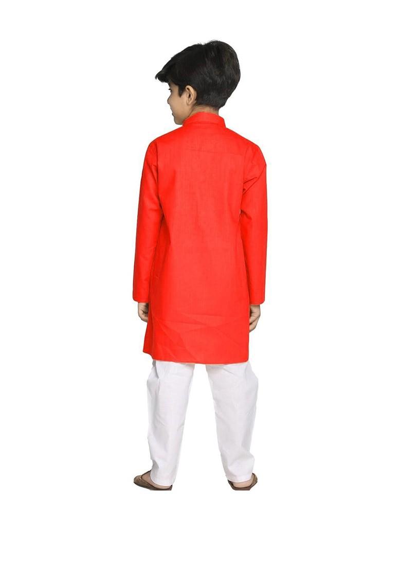 Red Embroidered Cotton Kurta Set For Boys - Indya