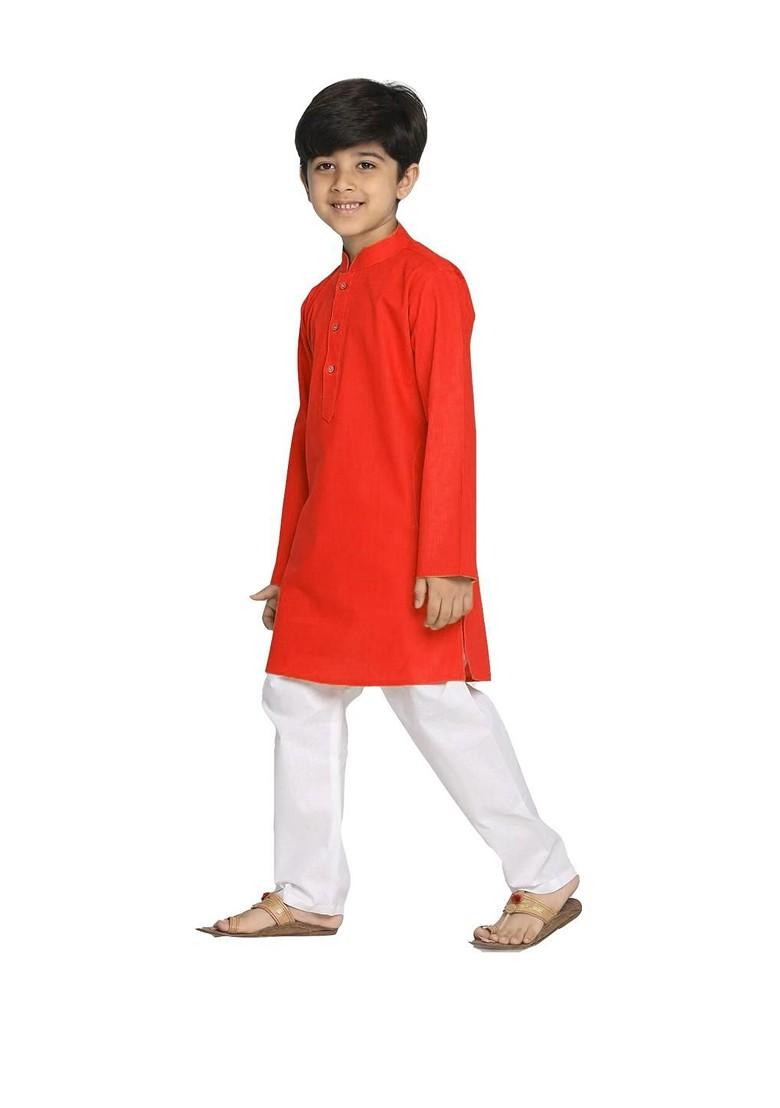 Red Embroidered Cotton Kurta Set For Boys - Indya