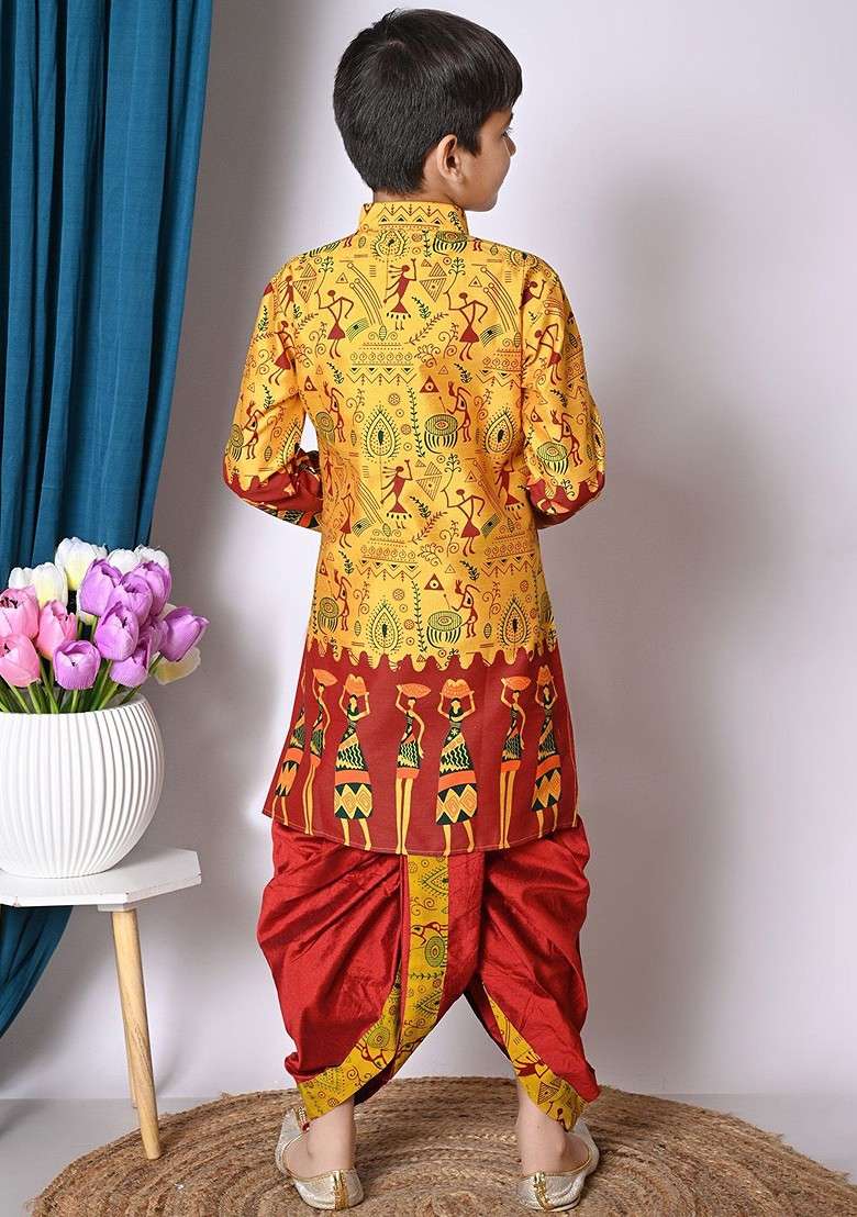 Yellow Printed Blended Kurta Dhoti Set For Boys - Indya