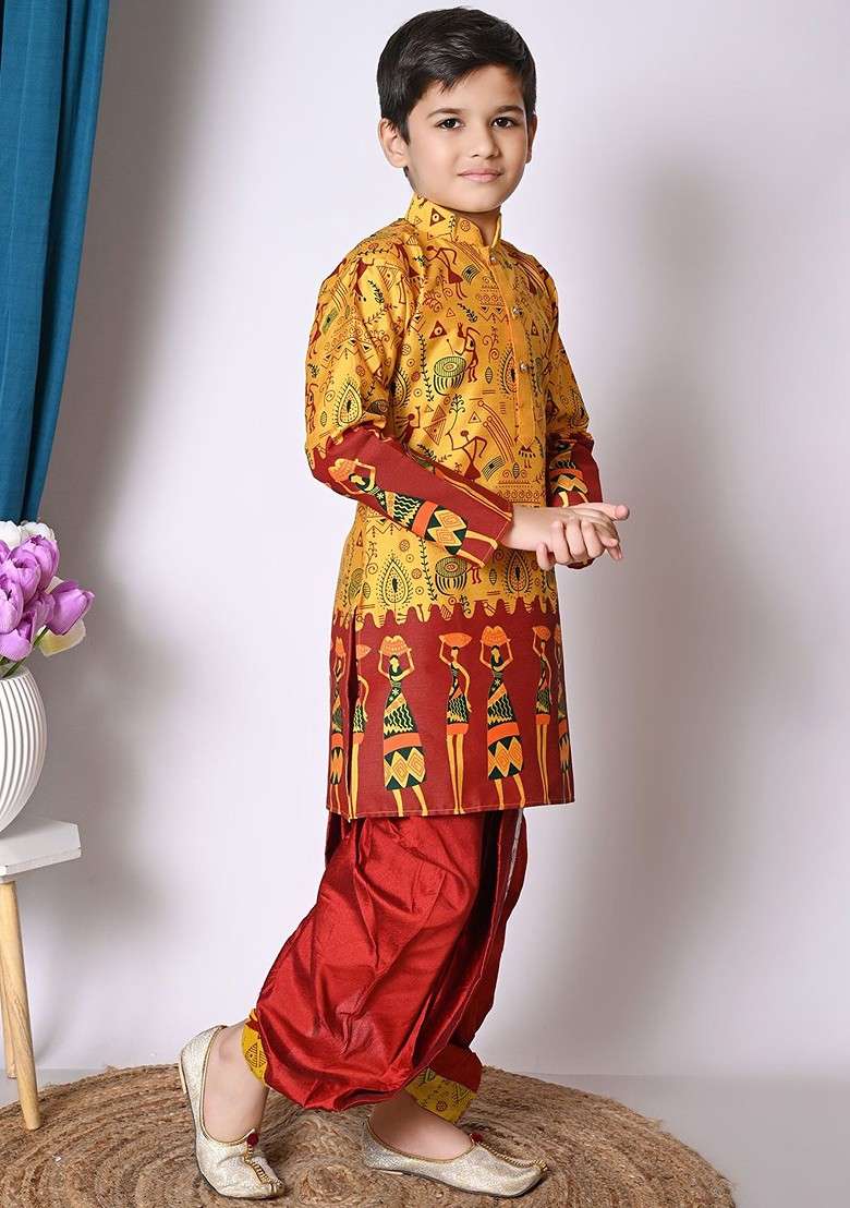 Yellow Printed Blended Kurta Dhoti Set For Boys - Indya