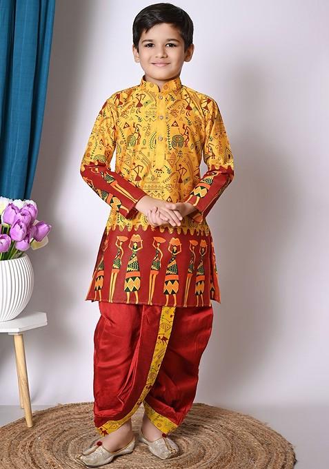 Yellow Printed Blended Kurta Dhoti Set For Boys — view on Indya
