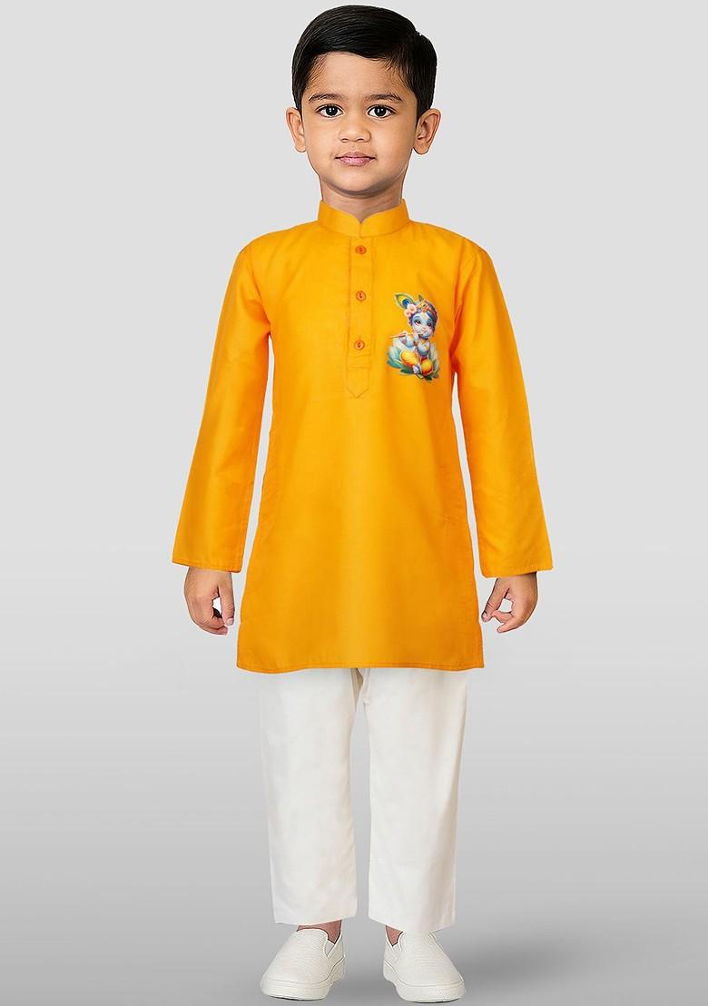 Orange Printed Blended Kurta Set For Boys - Indya